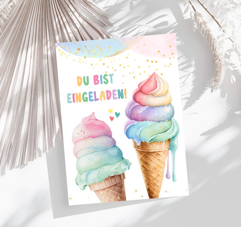 May include: A watercolor-style invitation card featuring two ice cream cones. The cones are filled with pastel-colored scoops and the text "DU BIST EINGELADEN!" is displayed in the center. The background has a light blue and gold glitter design.