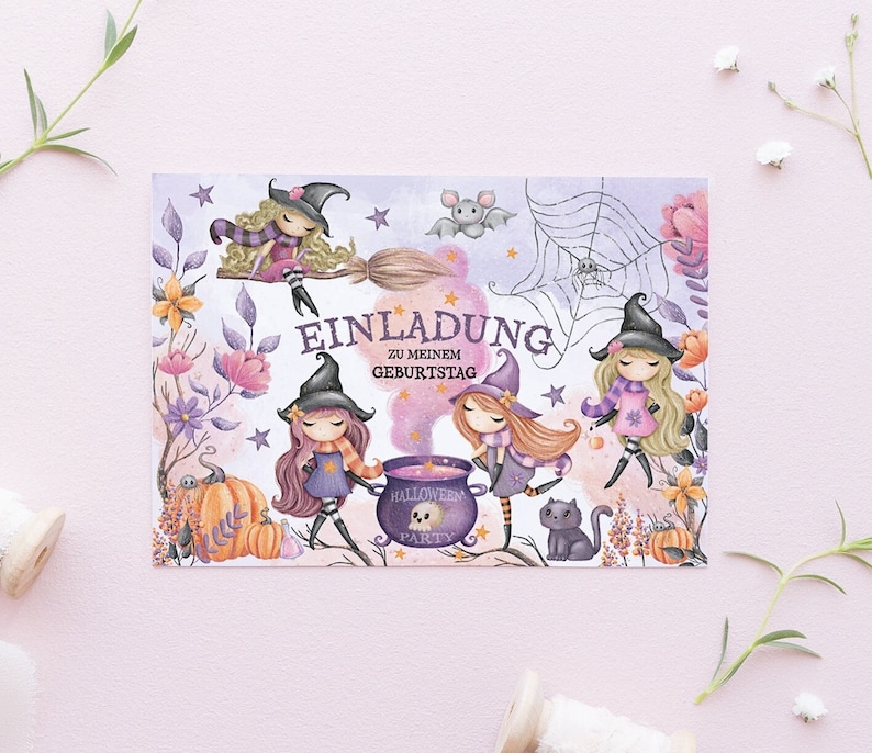 May include: A Halloween-themed birthday invitation with three witches in purple and pink dresses, holding a cauldron with the text "Halloween Party". The invitation has a purple and pink floral background with a spider web and a bat.