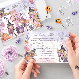 May include: Purple and white Halloween party invitation with a witch and a cauldron. The invitation says "Einladung zu meinem Geburtstag" which translates to "Invitation to my birthday".