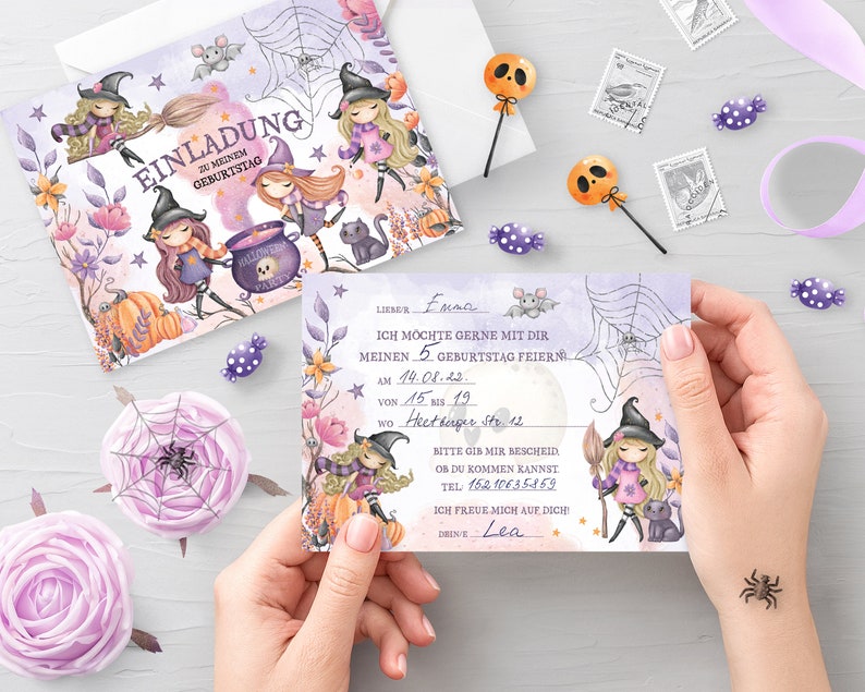 May include: Purple and white Halloween party invitation with a witch and a cauldron. The invitation says "Einladung zu meinem Geburtstag" which translates to "Invitation to my birthday".