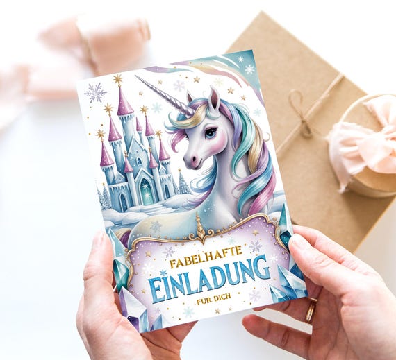 Einladungskarten Winter Einhorn Geburtstag Märchenhafte Einladung mit Schloss Einladung Winterkind Winter Party inkl. Umschläge 6-10 Stk.