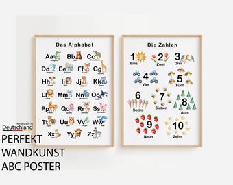 Poster met het Duitse alfabet en cijfers ABC-poster Duitse kinderkamer ABC-leerposter Terug naar school cadeau Schoolkind digitale download A4