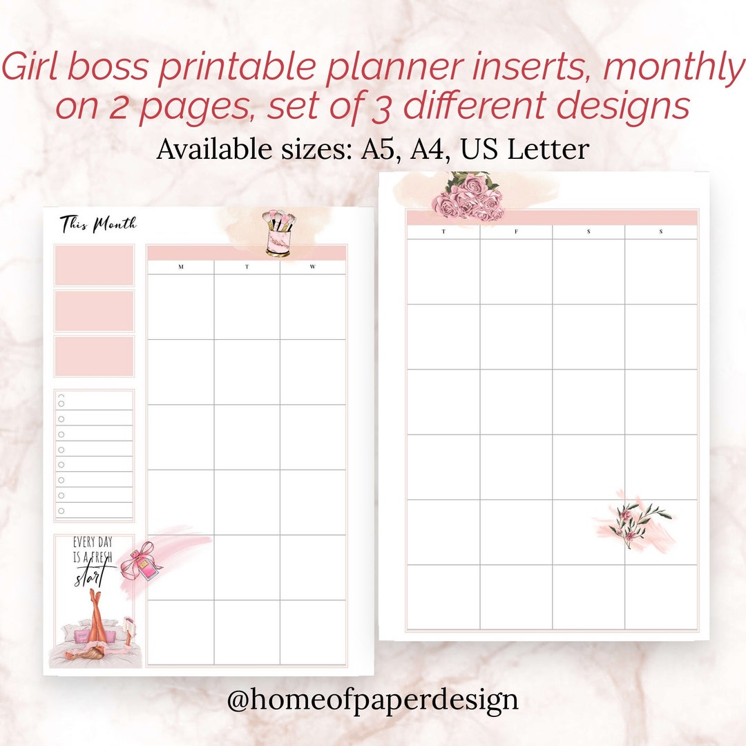 GIRL BOSS MONTHLY on 2 Pages Planner Printable Inserts, A5, A4, Us ...