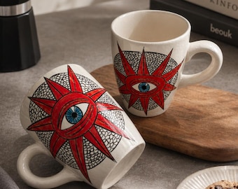 Handmade Evil Eye Mug • Ceramic Coffee Cup • Hand Painted Red Eye Mug • Unique Artisan Mug • Gift for Her • Boho Coffee Cup