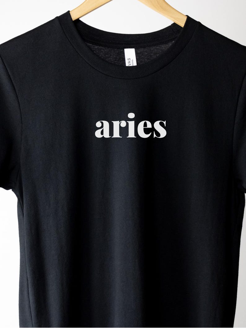 Op de afbeelding: Zwart t-shirt met het woord "aries" in het wit gedrukt, gecentreerd op de borst. Het shirt hangt aan een houten hanger. De tekst is in een eenvoudige, schreefloze lettertype. De achtergrond is wit.