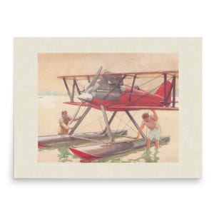 Póster con impresión de pintura de avión antiguo vintage, agua de mar, aire y avión