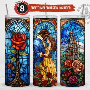 Mystical Beauty and the Beast Stained Glass Window Panel With Red