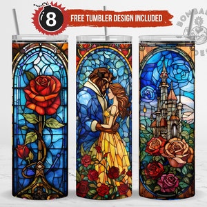 Princess Stained Glass Tumbler Wrap Sublimation Design PNG, Princess Enchanted Rose & Castle 20oz Skinny Tumbler Digital Download