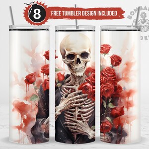 Skeleton and Red Roses Tumbler Wrap Sublimation Design Templates PNG Watercolor Skeleton 20 oz Skinny Tumbler Design Digital Download