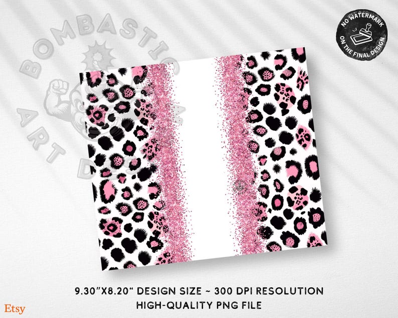 May include: A high-quality PNG file with a leopard print design. The design features black and pink spots on a white background, with a pink glitter stripe down the center. The design size is 9.30" x 8.20".