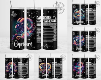 Zodiac Nutrition Facts Tumbler Wrap Bundle, Astrology Celestial 20oz Skinny Tumbler Sublimation Design (PNG)