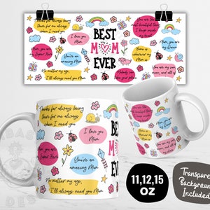 Op de afbeelding: Een witte keramische mok met een kleurrijk ontwerp met regenbogen, lieveheersbeestjes, bloemen en de tekst "Best Mom Ever". De mok is 11, 12 of 15 ounce.