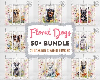 Floral Watercolor Dog Tumbler Wrap Bundle 20oz Skinny Tumbler Sublimation Design (PNG)