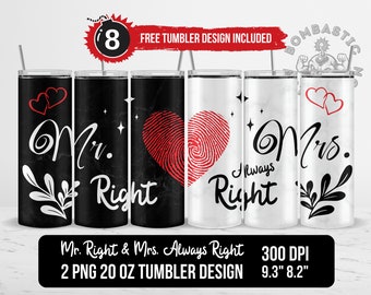 Mr and Mrs Tumbler Wrap Sublimation Design PNG, Wedding Gift for Couple, Valentines Day His and Hers Gift 20 oz Skinny Straight PNG
