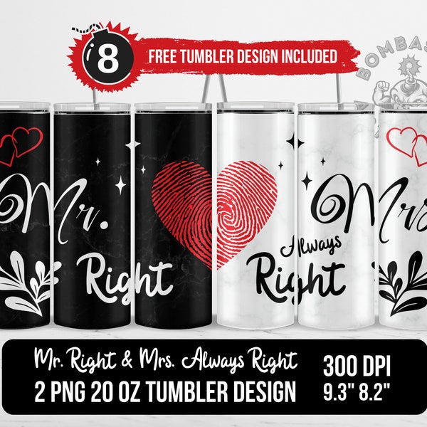 Mr and Mrs Tumbler Wrap Sublimation Design PNG, Wedding Gift for Couple, Valentines Day His and Hers Gift 20 oz Skinny Straight PNG