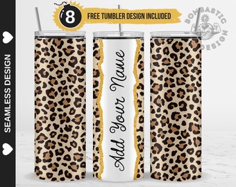 Estampado de leopardo Agregue su propio nombre Texto Tumbler Wrap Diseño de sublimación PNG, Leopardo marrón sin costuras 20oz Flaco Envoltura de vaso recto