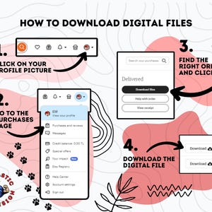 May include: A step-by-step guide on how to download digital files, featuring a black cat illustration. The instructions are numbered and include screenshots with arrows pointing to the relevant sections. The text includes "How to Download Digital Files" and "Download the Digital File."