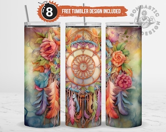 Boho Dreamcatcher Tumbler Wrap, Floral Feather 20oz Skinny Sublimation Design (PNG)