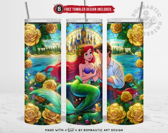 Mermaid Princess and Prince Stained Glass Tumbler Wrap, Romantic Ocean Love Fairytale Sublimation PNG 20oz Skinny Tumbler, Digital Download