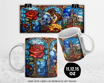 Princess and Beast Stained Glass Mug Wrap 11-15oz Coffee Cup Sublimation Design (PNG)