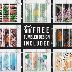 May include: A collection of seamless design tumblers with various patterns. Designs include tropical leaves, flamingos, smiley faces, hummingbirds, butterflies, and floral patterns. The text "Just Breathe" is visible on one tumbler. The image also includes the text "FREE TUMBLER DESIGN INCLUDED".