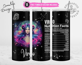 Virgo Nutrition Facts Tumbler Wrap, Celestial Astrology 20oz Skinny Tumbler Sublimation Design (PNG)
