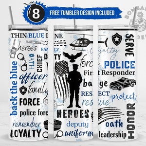 Police Tumbler Wrap Sublimation Design Template PNG 20 oz Skinny Straight Tumbler Wrap Police Design Back the Blue First Responder Officer