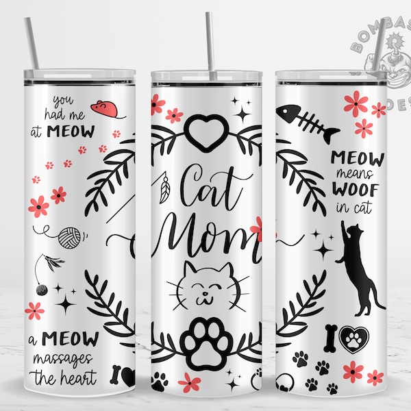 Cat Mom Tumbler Wrap Sublimation Design PNG 20 oz Skinny Seamless Tumbler Design, Funny Cat Mom Gift Cat Lover Gift Digital Download