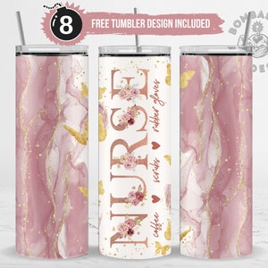 Krankenschwester Rosa Glitzer Becher Wrap Sublimation Design PNG Gold Schmetterling Krankenschwester Tumbler Design 20 oz Skinny Nurse Tumbler Sublimation Digital