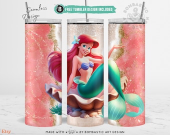 Mermaid Princess Inspired Tumbler Wrap 20oz, Under the Sea Cartoon Character Seashell Magic Sublimation Design, Skinny PNG, Digital Download