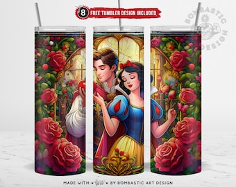 Princess & Prince Stained Glass Tumbler Wrap, Whimsical Forest Royalty Sublimation PNG 20oz Skinny Tumbler, Classic Love with Roses, Digital