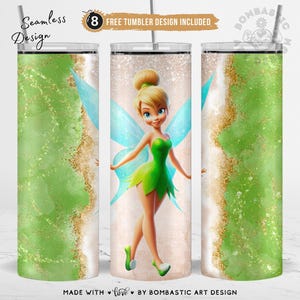 May include: A green and gold glitter tumbler design featuring Tinkerbell, a fairy with green wings and a green dress. The design is seamless and can be used for a variety of projects.