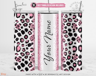 Custom Name Pink Leopard Tumbler Wrap 20oz Skinny –  Personalized Add Your Name Boho Chic Leopard Sublimation Design – Digital Download PNG