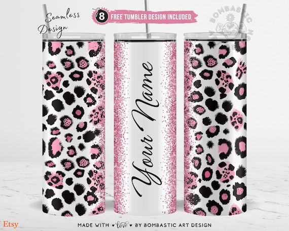 Custom Name Pink Leopard Tumbler Wrap 20oz Skinny –  Personalized Add Your Name Boho Chic Leopard Sublimation Design – Digital Download PNG