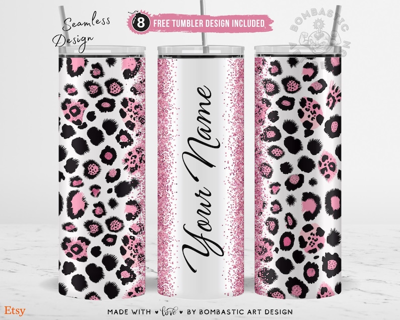 May include: Three stainless steel tumblers with a white background. The tumblers feature a pink glitter border and a leopard print design in black and pink. One tumbler has the text "Your Name" in black script.