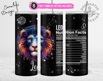 Leo Zodiac Sign Nutrition Facts Tumbler Wrap 20oz Skinny, Celestial Signs Astrology Tumbler Sublimation Design, Star Sign Tumbler PNG