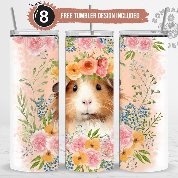 Guinea Pig Tumbler Wrap Sublimation Design PNG, Watercolor Guinea Pig and Flowers Tumbler Design, 20 oz Skinny Straight Tumbler Wrap PNG