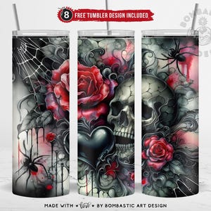 Gothic Skull Black Heart and Red Rose Tumbler Wrap with Spider Webs, Dark Mystic Fantasy Sublimation Design PNG 20oz Skinny Tumbler, Digital