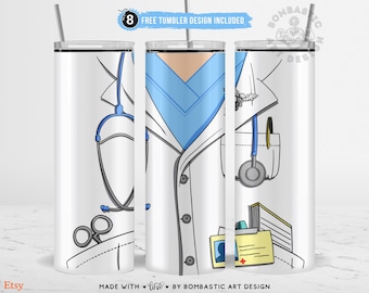 Doctor Tumbler Wrap 20oz Skinny with Name Tag – Blue Scrub Medical Uniform Sublimation Design for Nurse & Doctor Gift – Digital Download PNG