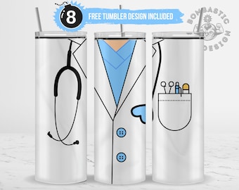 Doctor Tumbler Wrap Sublimación PNG, 20 oz Skinny Straight Doctor Uniforme Diseño de vaso, Vaso para médico - Descarga digital (Azul)