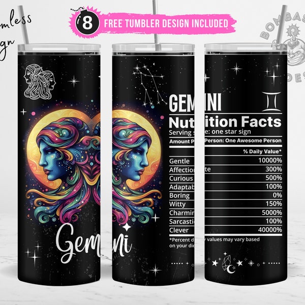 Gemini Zodiac Sign Nutrition Facts Tumbler Wrap 20oz Skinny, Celestial Signs Astrology Tumbler Sublimation Design, Star Sign Tumbler PNG