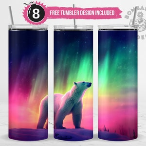 Northern Lights and Polar Bear Tumbler Wrap Sublimation Design PNG, Polar Bear Tumbler Design, 20 oz Skinny Straight Tumbler Wrap PNG