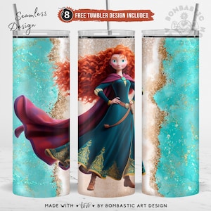 May include: A sublimation design featuring a cartoon image of Merida from the Disney movie Brave. The design is set against a turquoise and gold background. The design is seamless and can be used for tumblers, mugs, and other items.