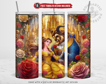 Princess Stained Glass Tumbler Wrap, Magical Fairytale Sublimation PNG 20 oz Skinny Tumbler, Romantic Fantasy Love & Enchanted Rose, Digital