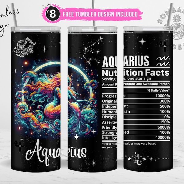 Aquarius Zodiac Sign Nutrition Facts Tumbler Wrap 20oz Skinny, Celestial Signs Astrology Tumbler Sublimation Design, Star Sign Tumbler PNG