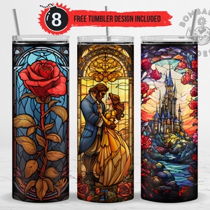 Princess Stained Glass Tumbler Wrap Sublimation Design PNG, 20 oz Skinny Straight Princess Red Rose and Castle Love Tumbler Digital Download