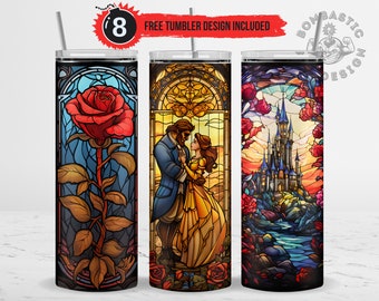 Princess Stained Glass Tumbler Wrap, Rose Castle 20oz Skinny Sublimation Design (PNG)