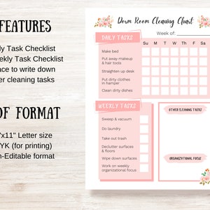 Dorm Room Weekly Cleaning Checklist | Cleaning Planner for College Students | Downloadable Letter size PDF (printable only) 8.5&quot;x11&quot;