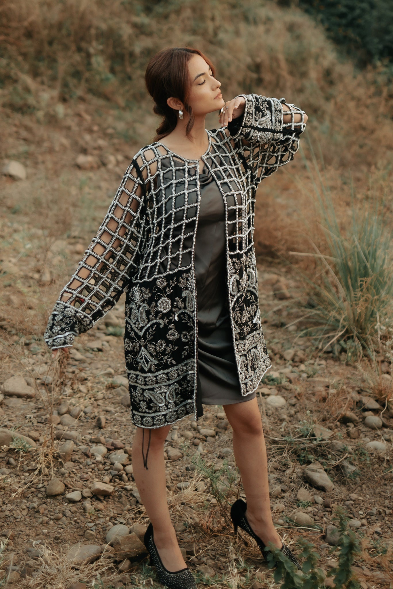 Fusion Hand Embroidered Cut Work Jacket Intricately Hand Fusion Hand Embroidered Cut Work Jacket Intricately Hand
