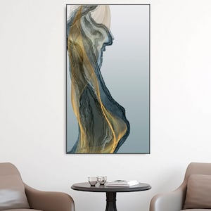 Extra large wave wall art, blue gold framed canvas print abstract floater frame wall hanging décor, modern minimalist living room wall art